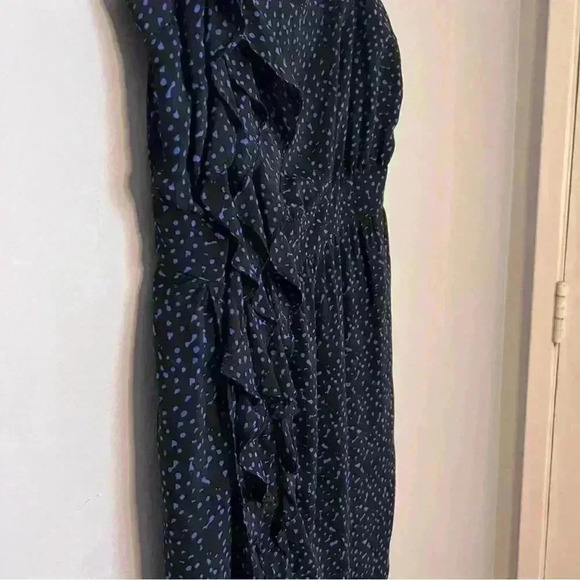 BCBGeneration Dress Size 4, One Shoulder Blue Black Polka Dot Ruffle EUC - Picture 2 of 5